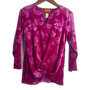Ruby Rd Pink Velvet 3/4 Sleeve Paisley Vneck Knot Front Sweater Top Size SM